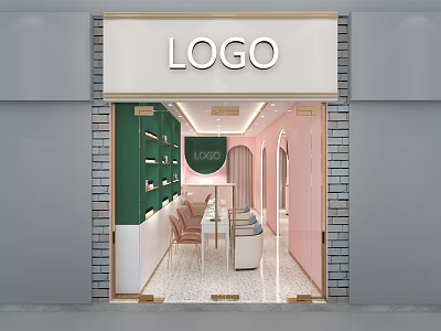 Modern Beauty Hair Salon Storefront With Green Wall Pink Accents And Interior Mirrors Tables Chairs 3d model