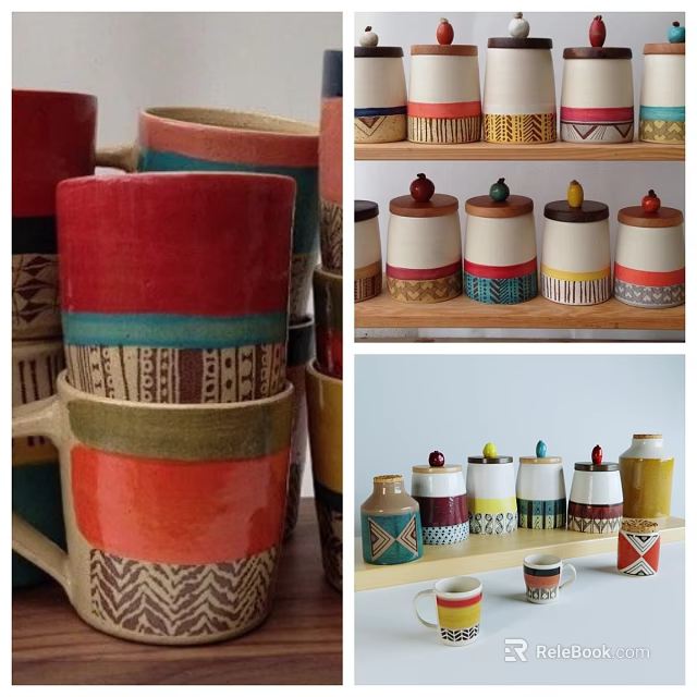 Colorful Handmade Ceramic Food Storage Jars and Mugs with Geometric Patterns 3d model 