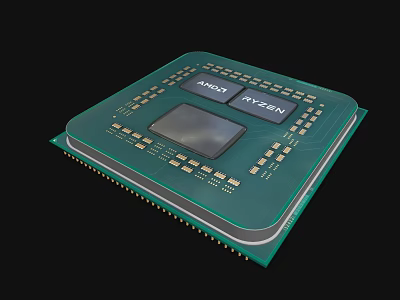 AMD Ryzen CPU Processor with Green Circuit Board and Gold Contacts Design 3d model