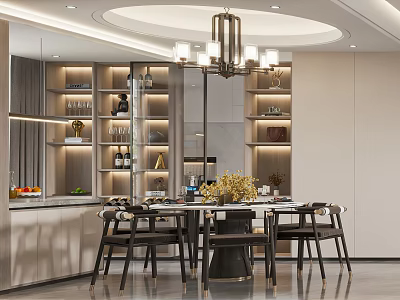 Elegant Modern Restaurant Interior With Round Dining Table Chairs Chandelier Bouquet And Wine Cabinets 3d model