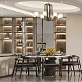Elegant Modern Restaurant Interior With Round Dining Table Chairs Chandelier Bouquet And Wine Cabinets