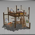 Two Story Cottage Interior Design With Wooden Staircase Bed Table And Stone Floor