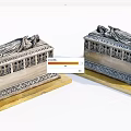 Detailed Antique Stone Sarcophagi With Intricate Carvings On Decorative Yellow Bases