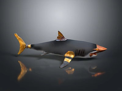 Black Shark Decorative Model With Gold Accents And Reflection On Dark Surface 3d model