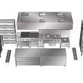 Stainless Steel Commercial Kitchen Appliances With Stove Range Hood Shelves And Worktables