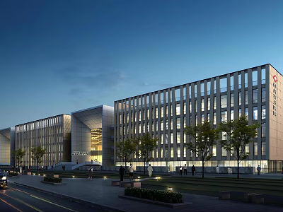 Modern Office Building Exterior With Glass Facade Evening Lighting Trees And Pedestrians 3d model