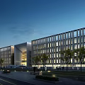 Modern Office Building Exterior With Glass Facade Evening Lighting Trees And Pedestrians