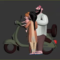 Child on Green Scooter with Adult Man Girl and Red Lobster in Basket