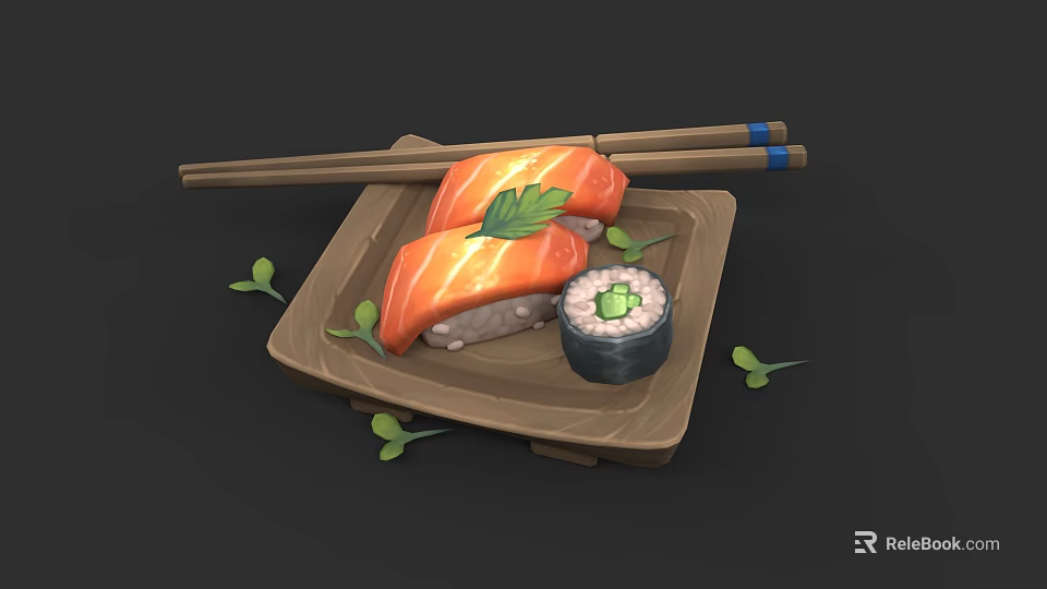 Fresh Salmon Sushi and Maki Roll on Wooden Plate with Chopsticks and Green Leaves Garnish 3d model 