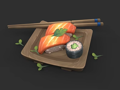Fresh Salmon Sushi and Maki Roll on Wooden Plate with Chopsticks and Green Leaves Garnish 3d model