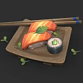 Fresh Salmon Sushi and Maki Roll on Wooden Plate with Chopsticks and Green Leaves Garnish