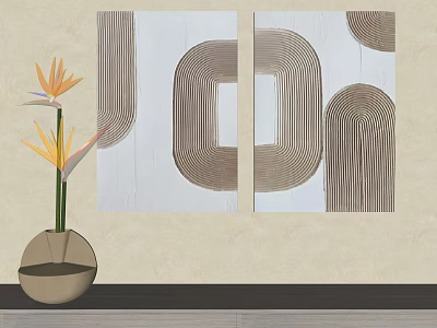 Two Panel Abstract Painting With Brown Lines Geometric Shapes Near Vase Yellow Orange Flowers 3d model