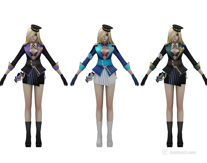 Game And Movie Female Character With Different Uniform Style Outfits And Hats 3d model 
