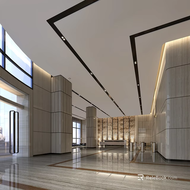 Modern Lobby Reception Desk With Marble Wall Columns Polished Floor And Lighting 3d model 