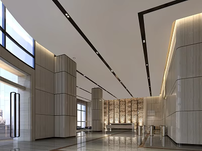 Modern Lobby Reception Desk With Marble Wall Columns Polished Floor And Lighting 3d model