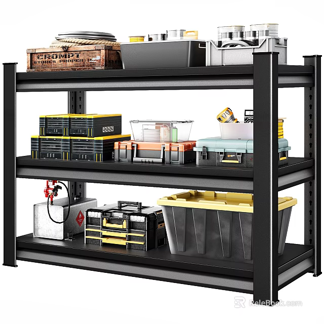 Black Metal Storage Shelf with Multi Tier Organizing Toolboxes Bins and Supplies 3d model 