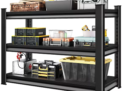 Black Metal Storage Shelf with Multi Tier Organizing Toolboxes Bins and Supplies 3d model