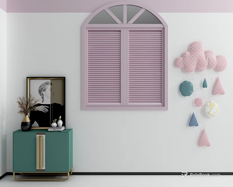 Entryway Green Console Table with Decorative Items Pink Shutters and Wall Decor Cloud Geometric Shapes 3d model 