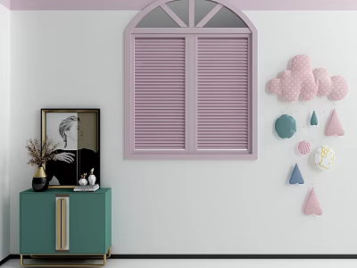 Entryway Green Console Table with Decorative Items Pink Shutters and Wall Decor Cloud Geometric Shapes 3d model