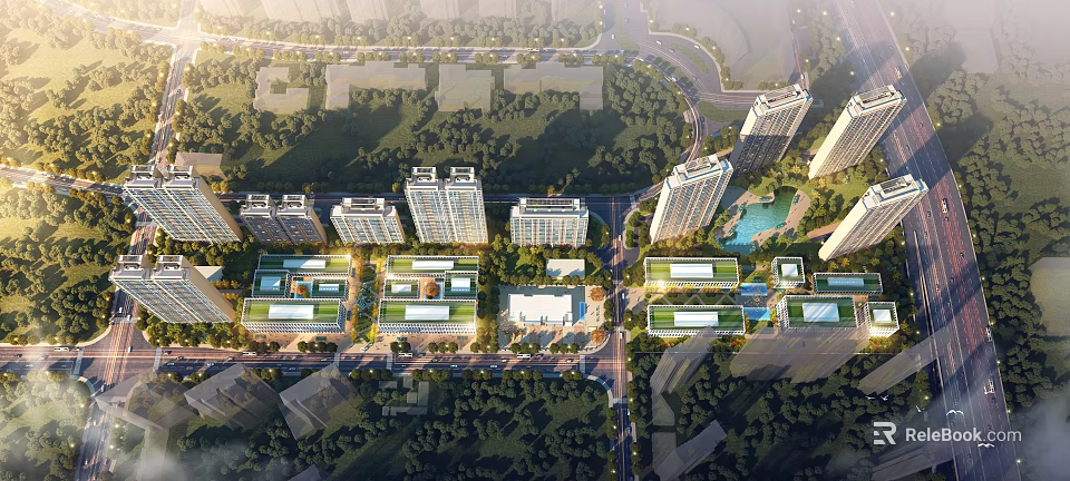 Aerial View Of Modern Urban Residential Complex With Green Spaces And High Rise Buildings 3d model 