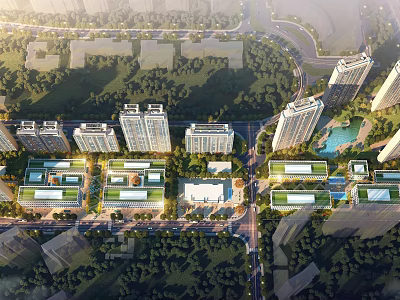 Aerial View Of Modern Urban Residential Complex With Green Spaces And High Rise Buildings 3d model