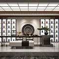 Chinese Style Tobacco And Liquor Store Interior With Display Shelves Wine Bottles Counter And Plants