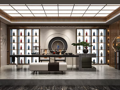 Chinese Style Tobacco And Liquor Store Interior With Display Shelves Wine Bottles Counter And Plants 3d model