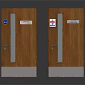 Brown Wooden Swing Doors With Glass Panels Signs And Concrete Bases