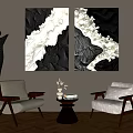 Leisure Sofa Set With Black and White Decorative Paintings Black Sculpture and Wooden Coffee Table