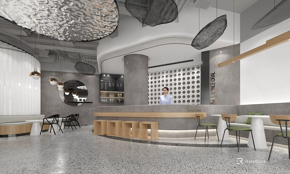 Modern Café Interior Design With Pendant Lights Bar Counter And Seating Areas 3d model 
