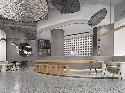 Modern Café Interior Design With Pendant Lights Bar Counter And Seating Areas 3d model