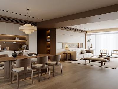 Warm Minimalist Wooden Open Dining And Living Room Interior Design For Spacious Bright Home 3d model