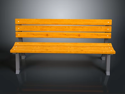 Wooden Bench With Yellow Slats And Metal Support Legs For Outdoor Use 3d model