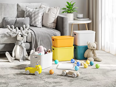 Plush Stuffed Toys in Playroom with Colorful Storage Bins Toy Cars and Balls 3d model