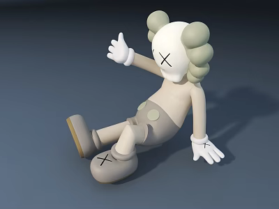 Stuffed Doll With Round Ears X Eyes Mouth Sitting Beige Gray Color Waving Hand 3d model