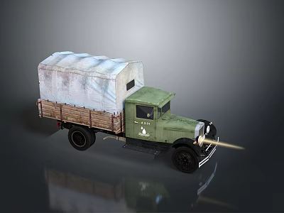 Vintage Green Truck With White Canvas Cover And Wooden Cargo Bed 3d model