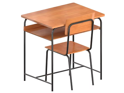 Simple Wooden Desk With Black Metal Frame And Matching Chair 3d model