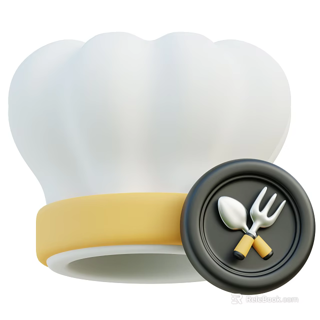 White Chef Hat With Yellow Band And Black Badge Featuring Spoon And Fork 3d model 