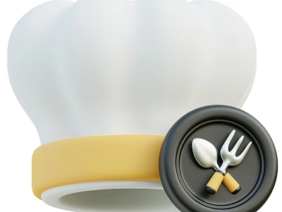 White Chef Hat With Yellow Band And Black Badge Featuring Spoon And Fork 3d model