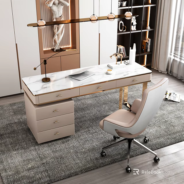Modern Elegant Luxury Desk with Marble Top Drawers Comfortable Chair and Table Lamp in Interior 3d model 