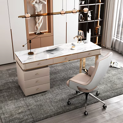 Modern Elegant Luxury Desk with Marble Top Drawers Comfortable Chair and Table Lamp in Interior 3d model
