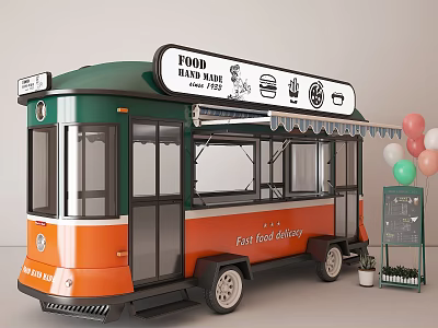 Green And Orange Food Delivery Truck With Balloons Menu Board And Open Counter 3d model