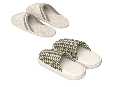 Two Pairs of Stylish Slippers with Beige Gray Stripes and Houndstooth Patterns 3d model