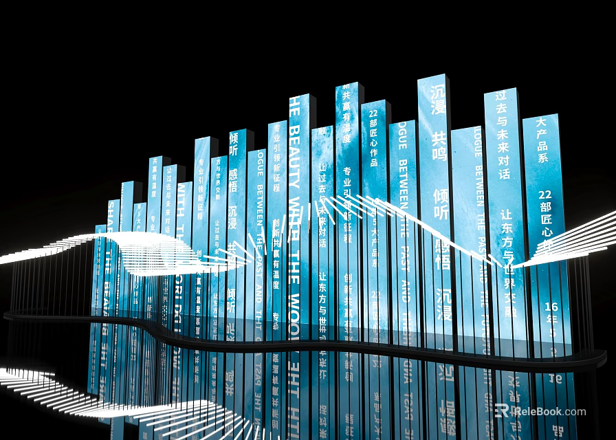 Blue Columnar Background Wall On Black Background With White Text And Reflections 3d model 
