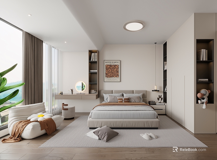 Modern Bedroom Interior With Large Window Curtains Seating Area Bed Decorative Painting And Bookshelves 3d model 