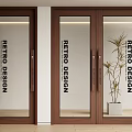 Retro Design Wooden Double Doors With Glass Panels And Indoor Plant In Interior