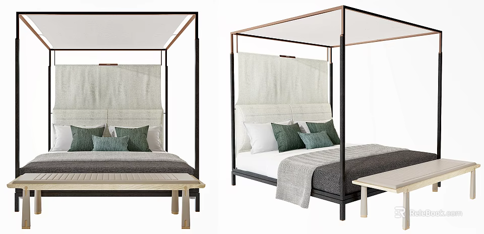 Modern Canopy Beds With Upholstered Headboards Green Pillows And Gray Blanket 3d model 