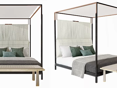 Modern Canopy Beds With Upholstered Headboards Green Pillows And Gray Blanket 3d model