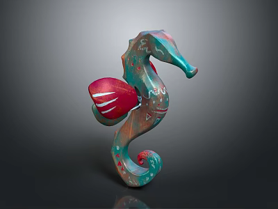 Detailed Colorful Seahorse Sculpture With Turquoise Red Patterns And Curved Tail Design 3d model