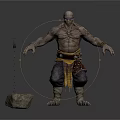 Muscular Bald Man In Leather Outfit With Yellow Belt And Stone Hammer Chain Standing Pose